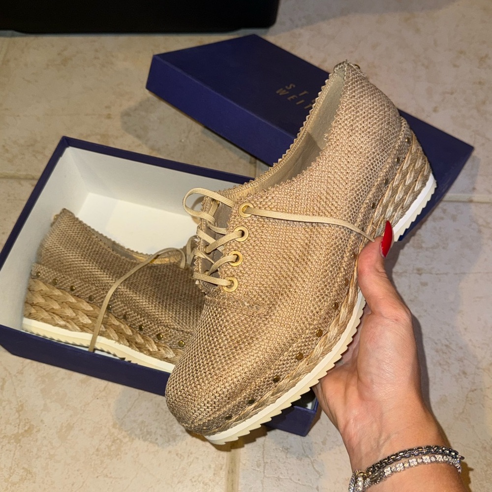 NEW Stuart Weitzman Tan Woven Oxfords espadrille platform sneaker